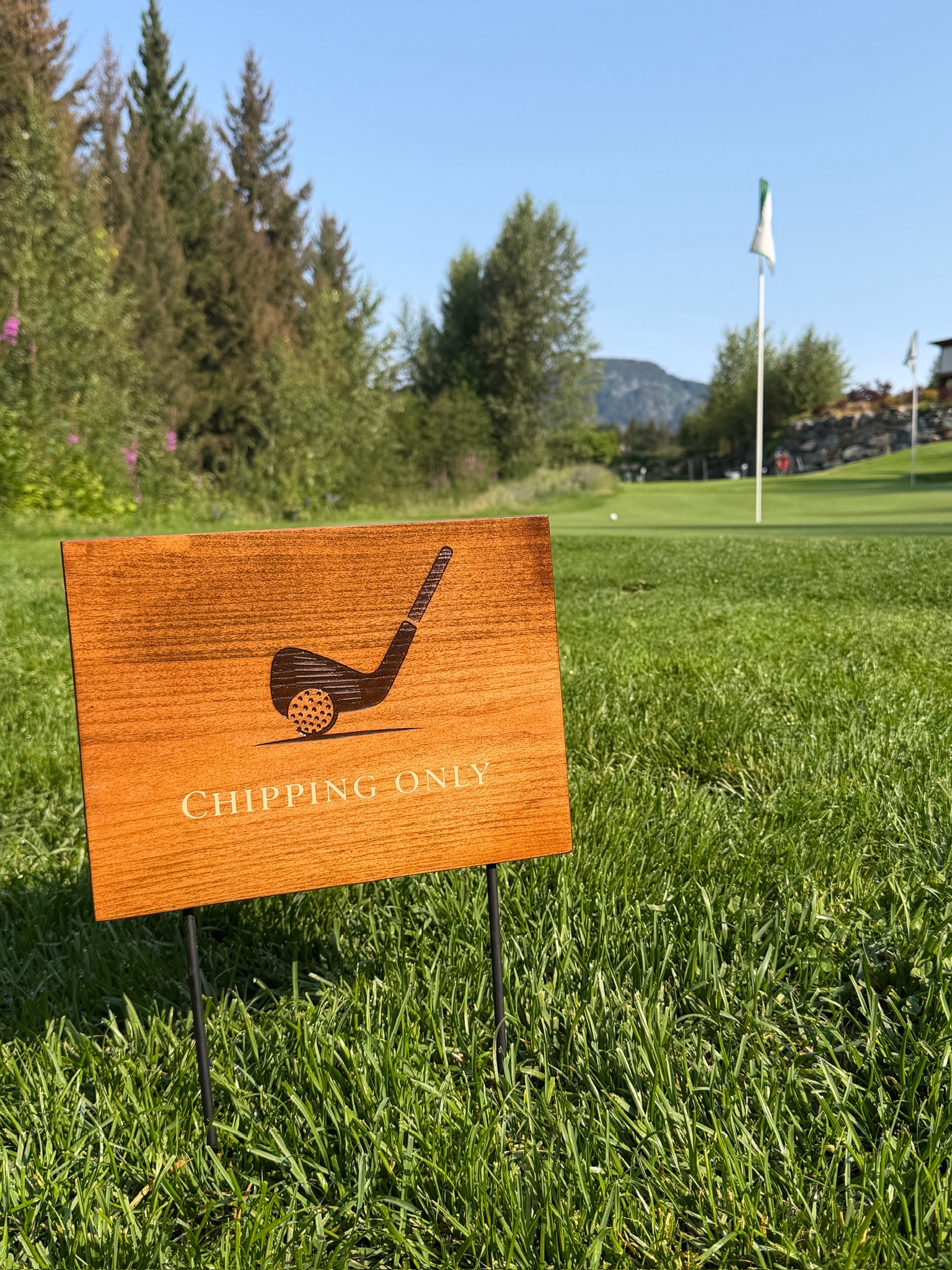 Walnut practice area sign reading Chipping Only with engraved wedge and ball graphic, mounted on steel stakes near a practice green with mountains in the background.