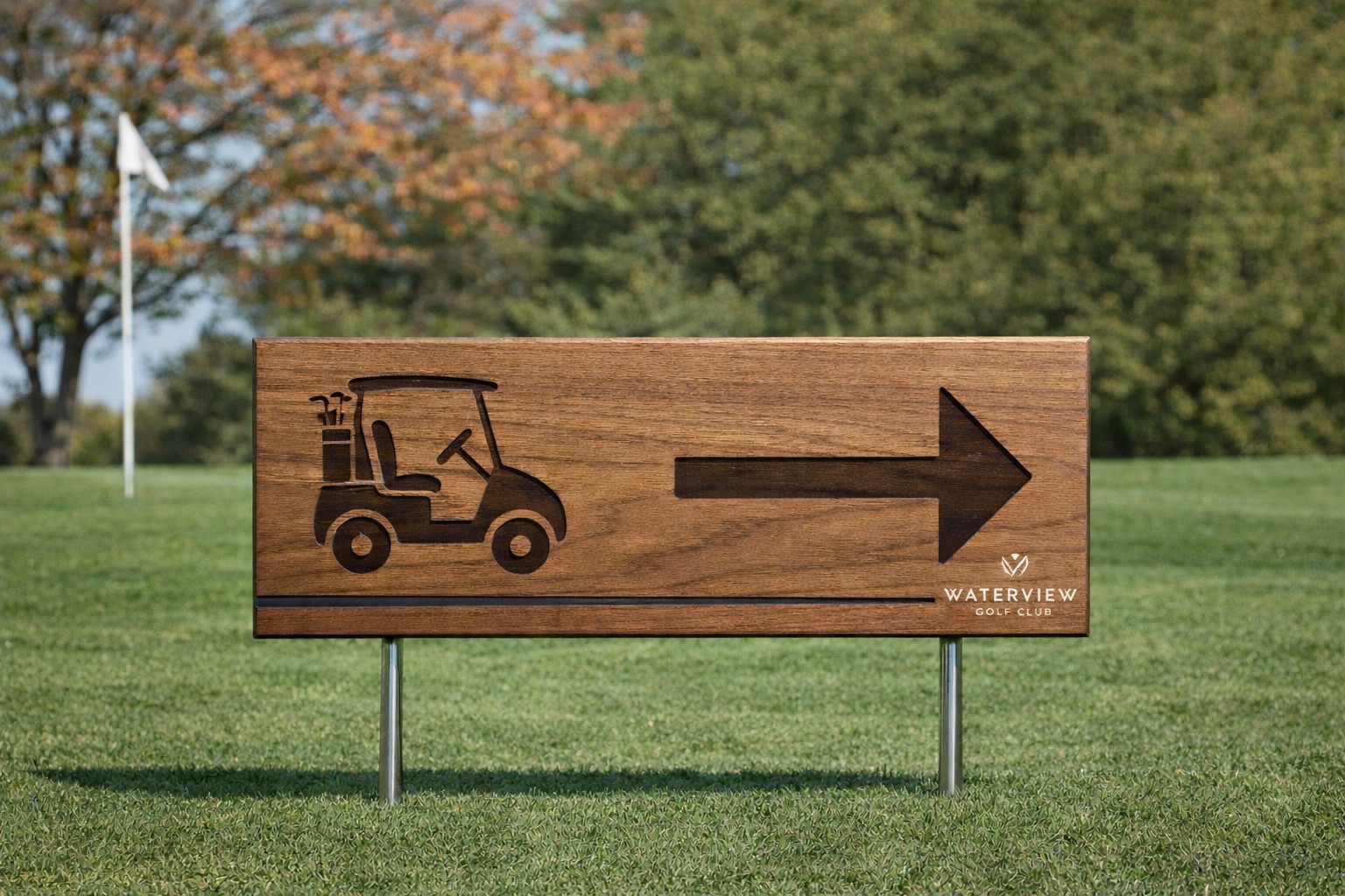 Walnut cart directional sign with engraved golf cart illustration and arrow.