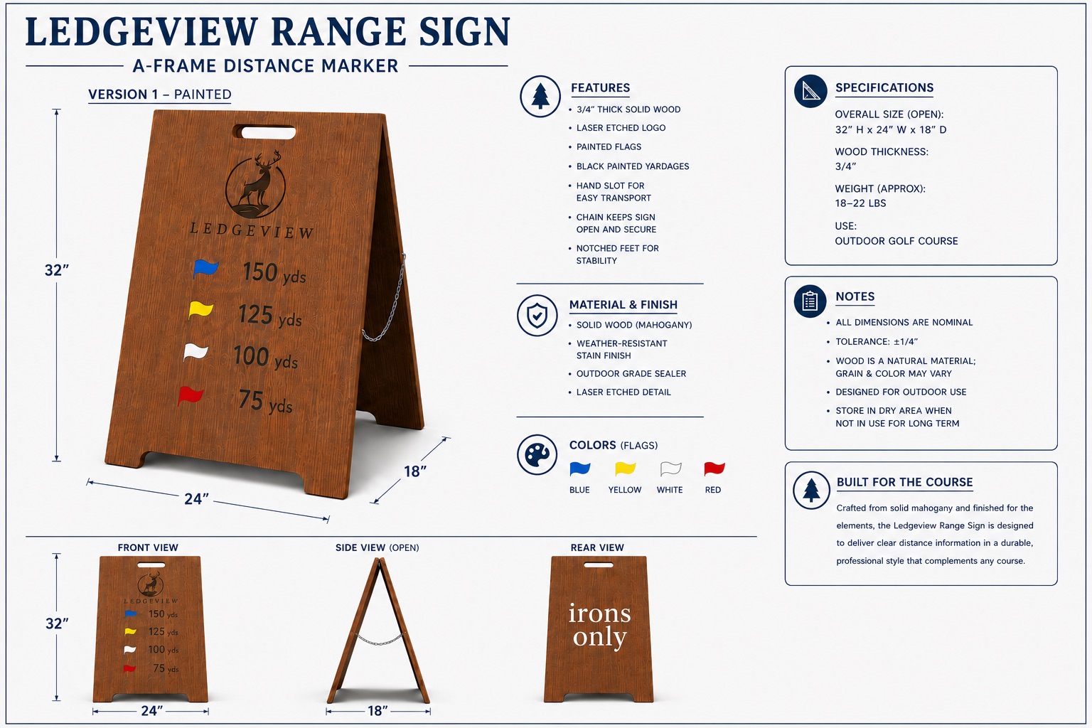 Specification sheet for Ledgeview Range Sign, an A-frame distance marker in solid mahogany showing front, side, and rear views with dimensions, material and finish details, colour options for painted flags, and feature callouts.