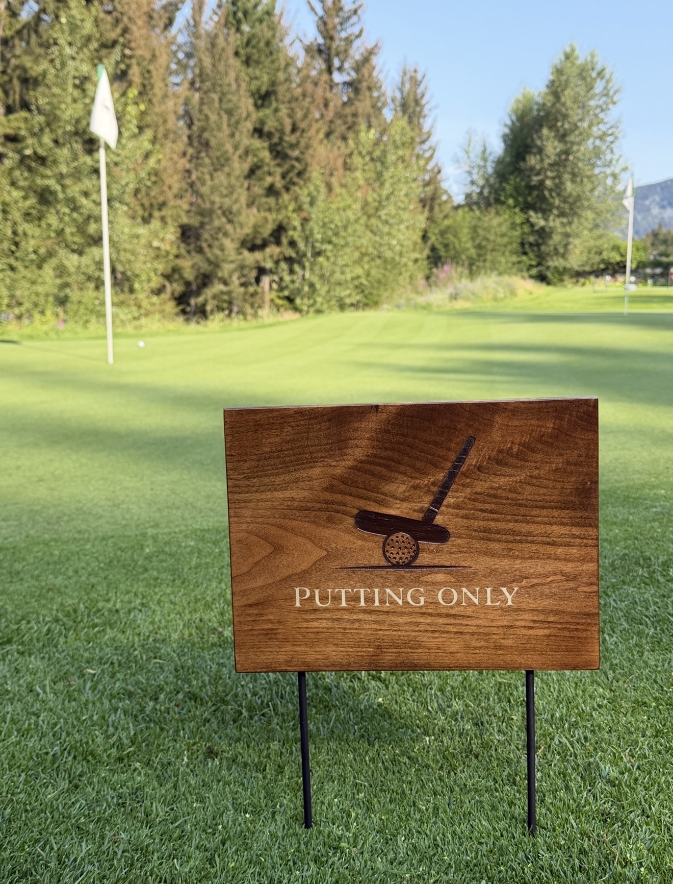 Walnut practice area sign reading Putting Only with engraved putter and ball graphic, mounted on steel stakes beside a putting green with mountains in the background.